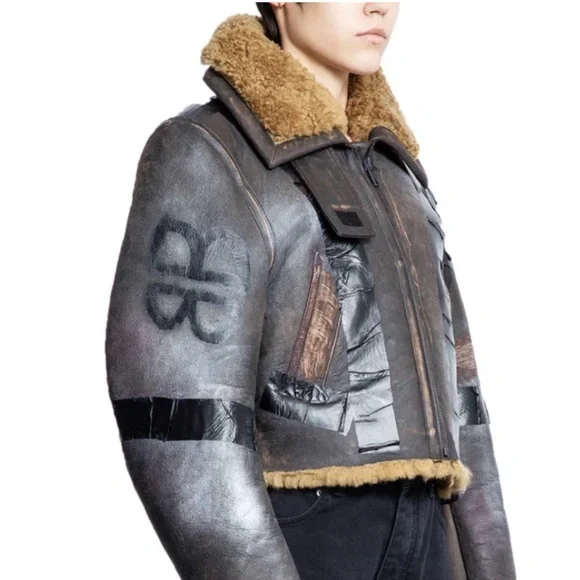 Balenciaga Paint Logo Taped Genuine Shearling Bomber Jacket - Picture 2 of 16